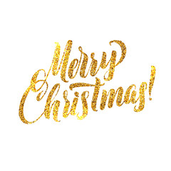 Gold Merry Christmas Card. Golden Shiny Glitter. Calligraphy Greeting Poster Tamplate. Isolated White Background