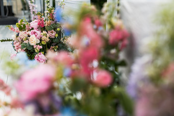 A look through the flowers on a rich pink bouquet