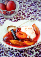 Caramelized Plums. Dessert. Plum Compote with Yogurt. 