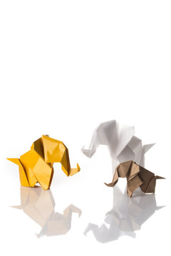 A paper origami elephants family isolated on white background. Creative conceptual image.