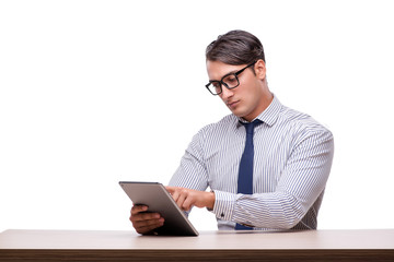 Handsome businessman working with tablet computer isolated on wh