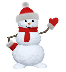 Snowman with scarf on white pointing to something
