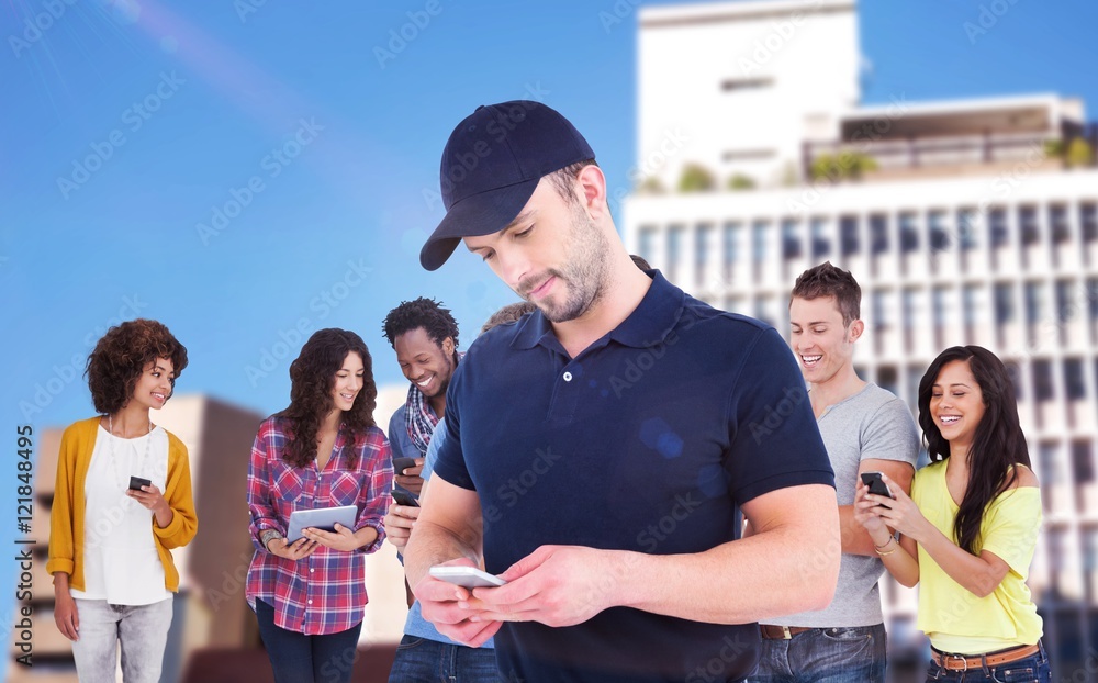 Poster composite image of smiling man using mobile phone