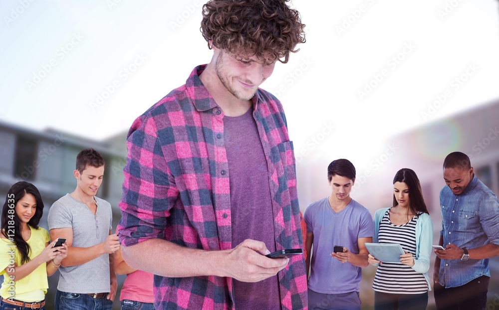 Poster composite image of smiling handsome man using mobile phone