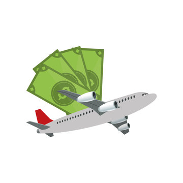 flat design money bills and airplane  icon vector illustration