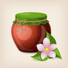 Jar of honey with leaves and a flower. Vector illustration.