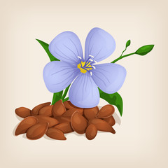 Brown flax seeds with flowers and leaves. Vector illustration.