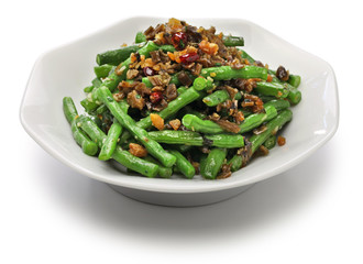 gan bian dou jiao, dry fried green beans, chinese sichuan cuisine
