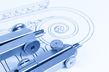 drawings of architectural details - columns element, and tools - compasses