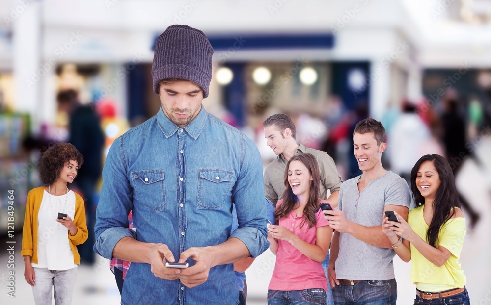 Poster composite image of hipster using mobile phone