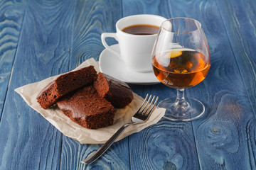 Coffee and drink. Cup of Coffee and Cognac Brandy Whiskey Aperit
