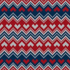 Fair Isle Style Knitted Sweater Design with Hearts. Seamless Knitting Pattern. Vector Knitted Texture