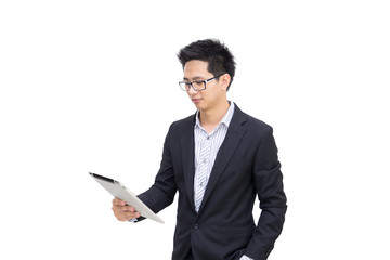 Portrait of a smart asian confident businessman holding tablet