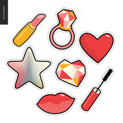 Patches, hand drawn vector stickers set. A set of few cartoon hand drawn elements. Lipstick, ring with a huge diamond, heart, star, lips, mascara brush and a diamond heart.