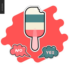 Popsicle patches, hand drawn vector stickers set. A set of cartoon hand drawn striped ice creams and two bubbles Yes and No