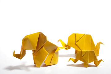 Cute origamis art, colored elephant shapes isolated over a white background