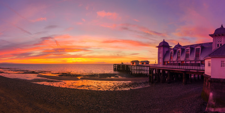 Dramatic Sky and Penarth Pier before Sunrise Panorama