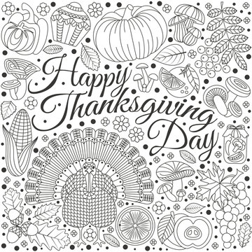 Thanksgiving day greeting card. Various elements for design. Cartoon vector illustration. Holiday background.