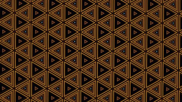 Caleidoscopio de Formas Geometricas en Movimiento - Animacion digital dinamica en malla geometrica y colores ocres y dorados  que giran


