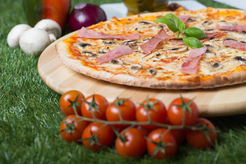 Freshly baked pizza placed on the board in the grass. Around lie vegetables: tomatoes, mushrooms and onions.