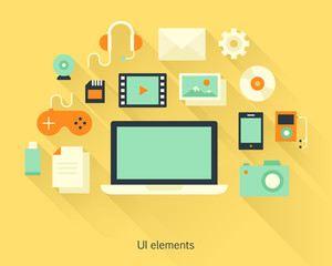 Content concept a laptop with documents and devices in flat design style.  Infographics and multimedia icons. Vector illustration.