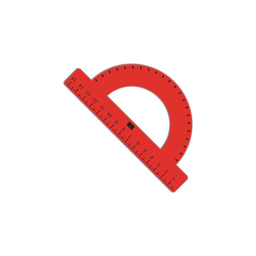 Red realistic protractor. Student supplies image. Top view illustration.