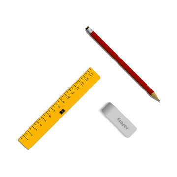 Set of eraser, a pencil and a ruler. Student supplies. Top view illustration.