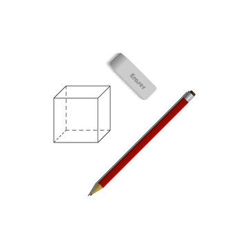 Set of eraser and a pencil. Geometrical figure drawn on paper. Student supplies image. Top view illustration.