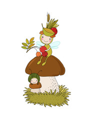 Little cartoon fairy sitting on a mushroom.
