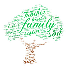 Family words cloud in shape of tree, social concept, white background
