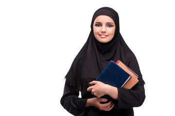 Muslim woman in black dress isolated on white