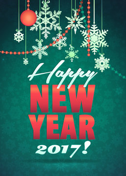 Happy New Year Greeting Card. Background with snowflakes and Toys. Decorative Holiday Illustration