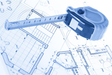 architectural blueprint - house plan & tape measure