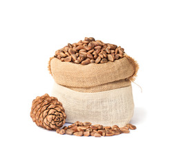 Pine  nuts in a sackcloth bag isolated