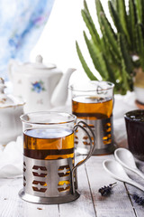 Cup of tea and lavender flowers