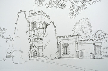 Ink LIne Drawing of St Marys church Henlow Bedfordshire 