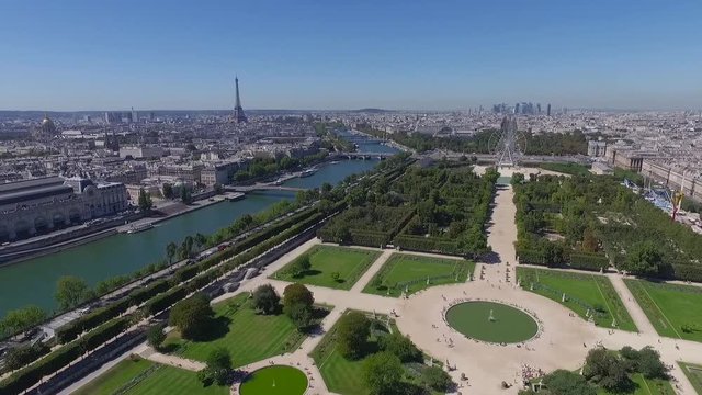 aerial view of park and river in paris.