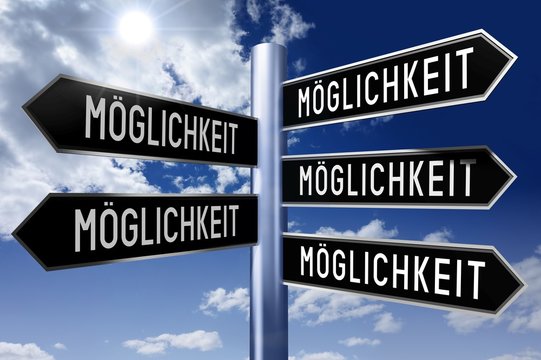 Signpost with 5 arrows - options concept (Moglichkeit - German/ Possibility - English).