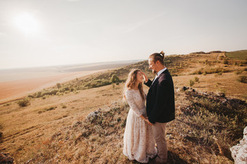 Portrait couples, tenderness love nature, mountains