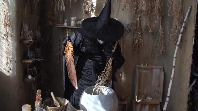 Halloween witch preparing potion in the boiler