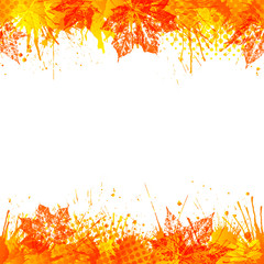 Bright autumn background. Seamless borders with vivid paint splashes and maple leaves. Vector illustration.