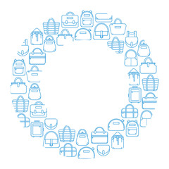 Single color fashion bag line icons as a round frame