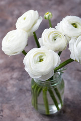 White ranunculus flowers in a glass vase Grey background Copy space