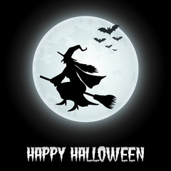 Halloween background with flying witch on the full moon