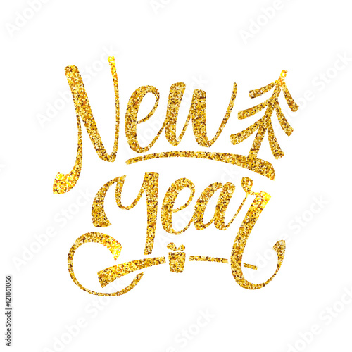 &quot;Gold Happy New Year Card. Golden Shiny Glitter. Calligraphy Greeting