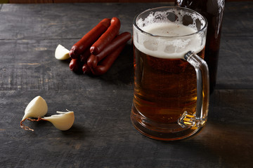 sausages and beer on a table