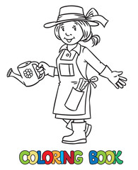 Coloring book of funny woman gardener.