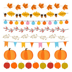 Set of cute autumn, fall garlands with lights, flags, acorns, leaves, pumpkins, apples and rose hips. Garden party decoration