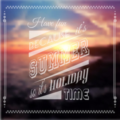 Happy summer poster with a colorful sunset blurred background