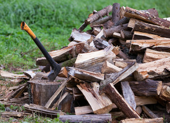 Ax and cuted firewood stack